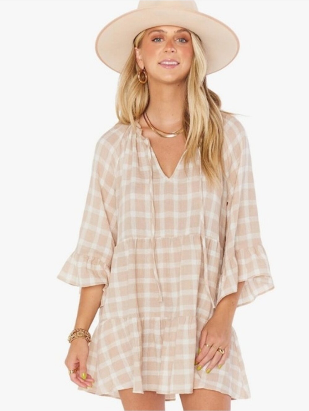 Show Me Your Mumu Viola Plaid Mini Dress In Beige Plaid